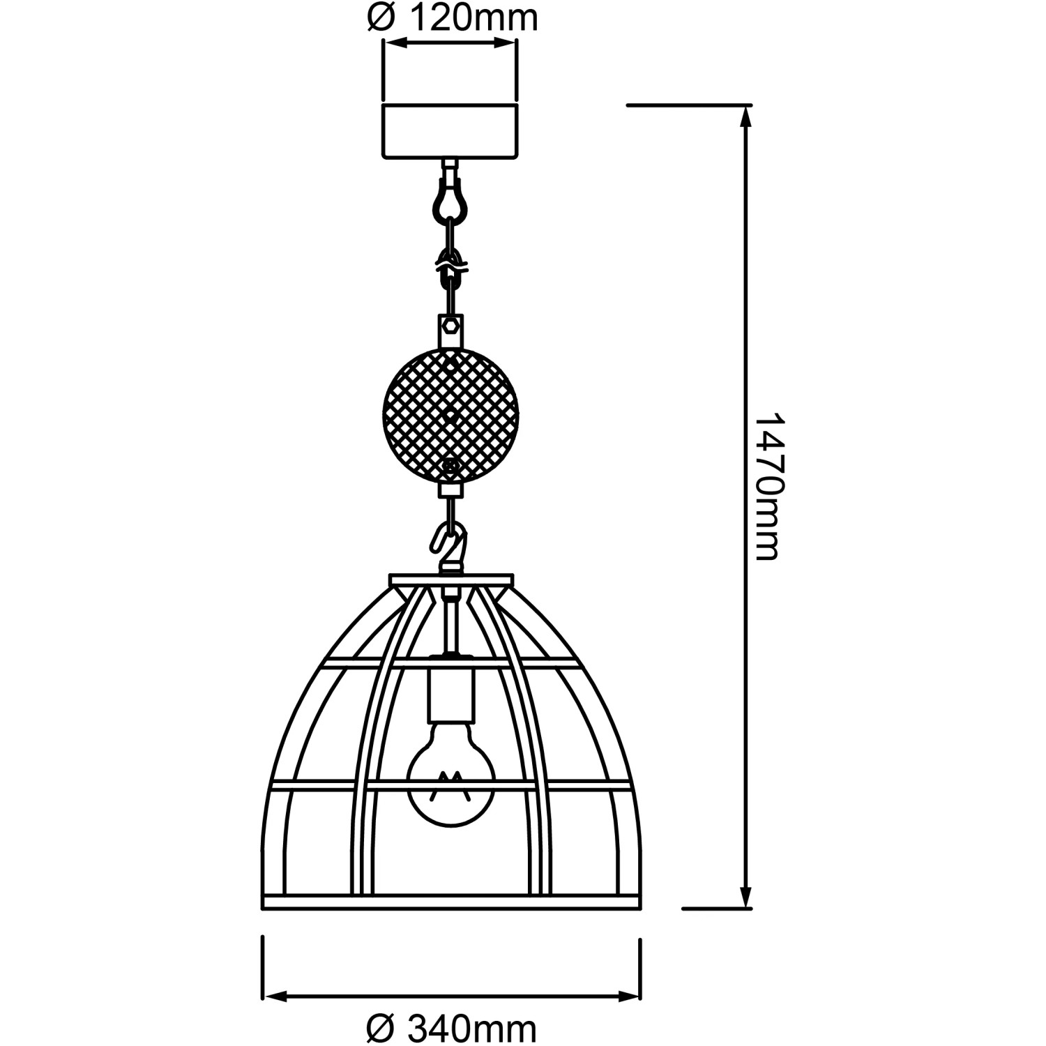 Skizze der schwarzen Pendelleuchte Matrix 2 von Brilliant, 34 cm Durchmesser, im Antik-Look.