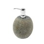 Runder, grauer Naturstein Seifenspender (15 cm) mit silbernem Spenderkopf.