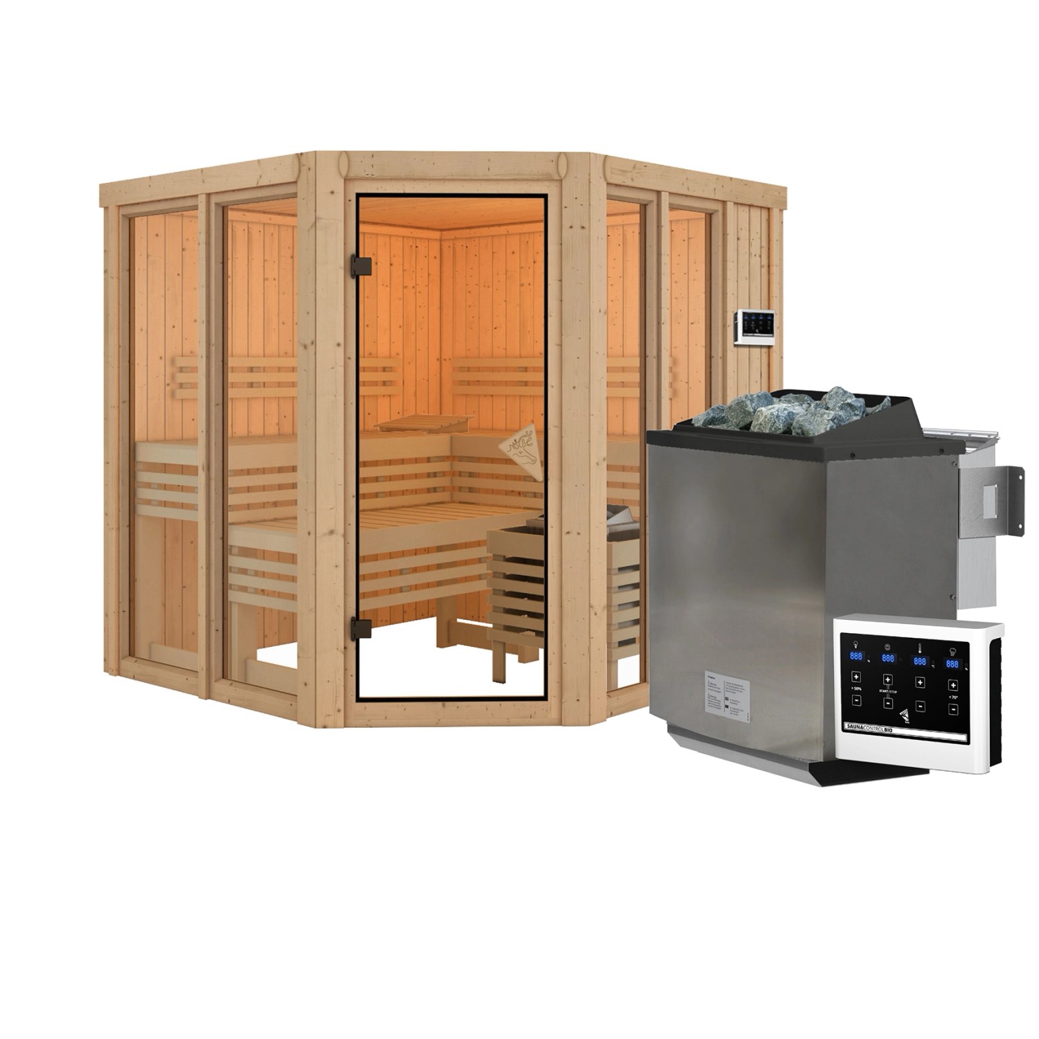 Karibu Sauna Airini mit Ofen 9 kW Bio Extern Naturbelassen günstig online kaufen