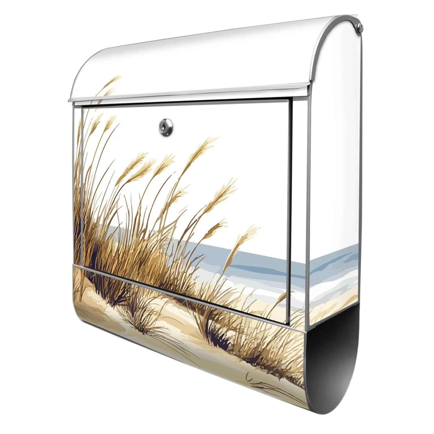 Banjado Design Briefkasten Silber Pulverbeschichtet 39x47x14cm 2 Schlüssel Mit Zeitungsfach Motiv Dünenlandschaft am Mee...