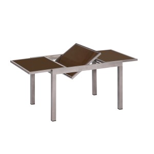 Merxx Gartentisch AZ-Tisch, rechteckig, ausziehbar, 90x75 cm, mit brauner Glasplatte und Aluminiumgestell.