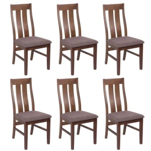6er-Set Esszimmerstühle M58 mit dunklem Holzgestell und taupefarbenem Stoffbezug. Hohe Rückenlehne für Komfort.