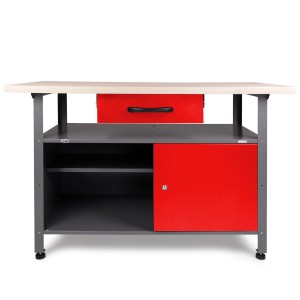 Ondis24 Werkbank Klaus 120 cm rot mit Schublade, Tür und Ablagefächern.
