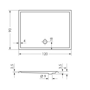Technische Zeichnung der Steinkamp Duschwanne Life, 120x90 cm, mit Maßangaben.