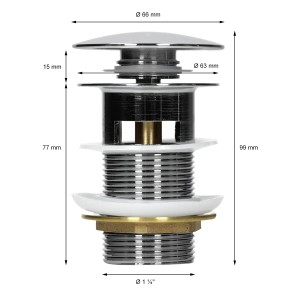 Detailaufnahme Ablaufgarnitur für ML-Design Waschbecken, Chrom, mit Maßangaben.