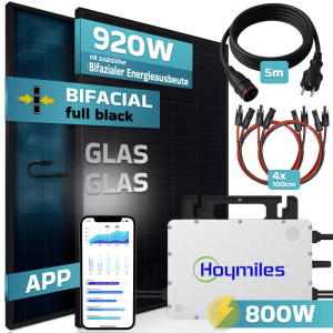 SUNNIVA Balkonkraftwerk 920W mit bifazialen Glas-Glas Solarmodulen, Wechselrichter, Kabel und App-Steuerung.