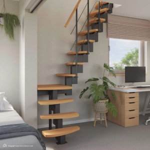 Intercon Raumspartreppe Quadro, Buche natur, Metall schwarz, einseitiges Geländer.
