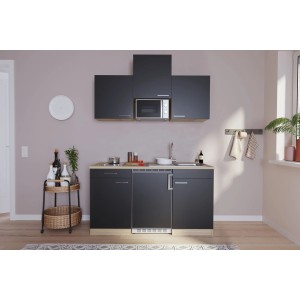 Respekta Küchenzeile KB150ESSMIC, 150 cm, Schwarz und Eiche Sägerau, mit E-Geräten.