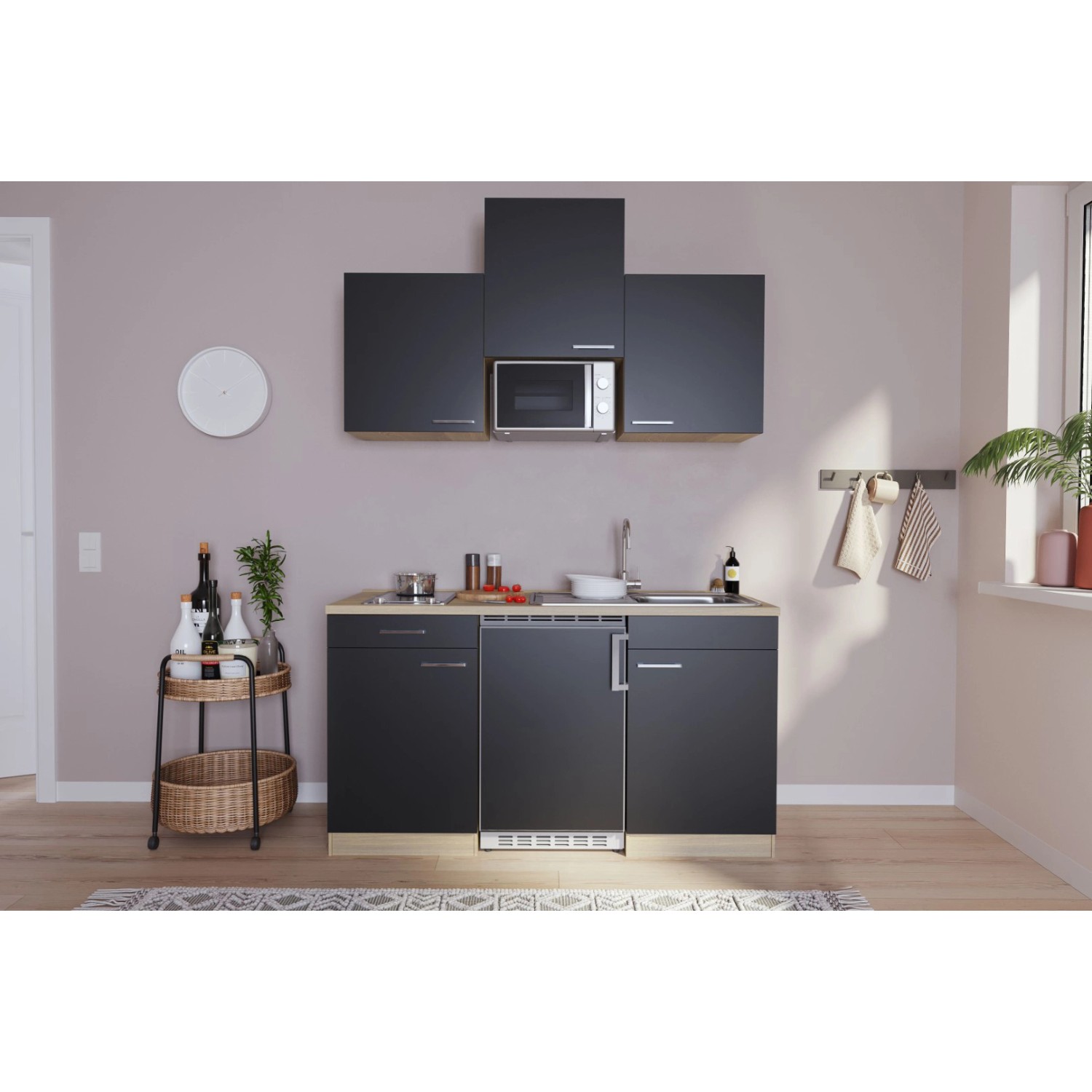 Respekta Küchenzeile/Küchenblock KB150ESSMIC 150 cm Schwarz-Eiche Sägeräu Nachbildung