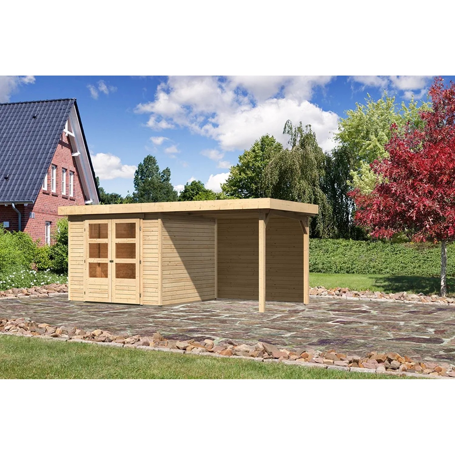 Karibu Holz-Gartenhaus Boras mit Flachdach und Anbau, unbehandelt.