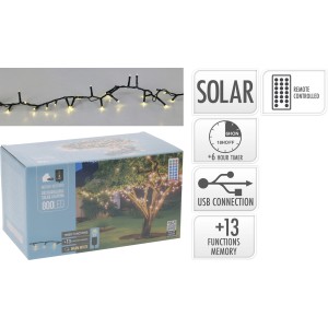 Solar-LED-Lichterkette, 8 m, warmweiß, mit Fernbedienung und USB-Anschluss.
