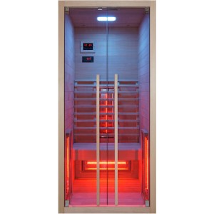 Sanotechnik Infrarotkabine Ruby 1 für 1 Person aus Hemlock-Holz mit Vollspektrumstrahler und LED-Farblicht.