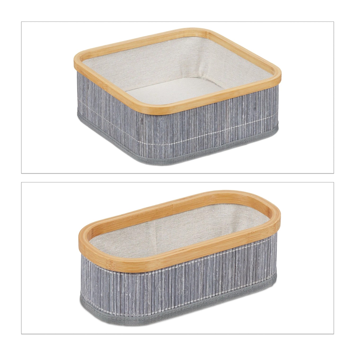 Relaxdays Aufbewahrungskorb 3er Set Bambus Grau Creme Stapelbar