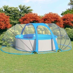 Transparente vidaXL Pool-Kuppel oval über blauem Aufstellpool im Garten. PVC Pool Abdeckung für Schutz.