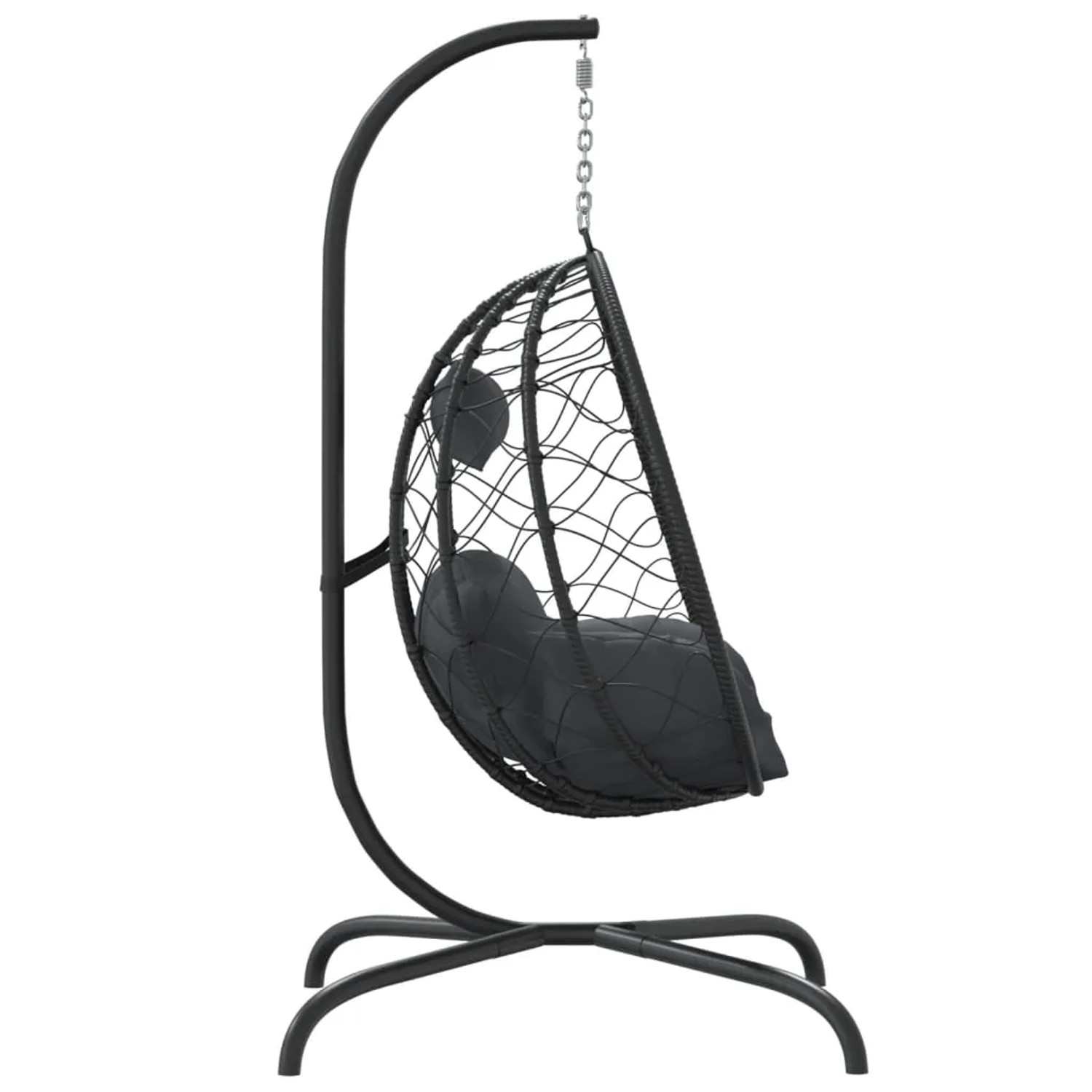 Anthrazitfarbener Hängesessel Ei aus Polyrattan mit Stahlgestell und Kissen.