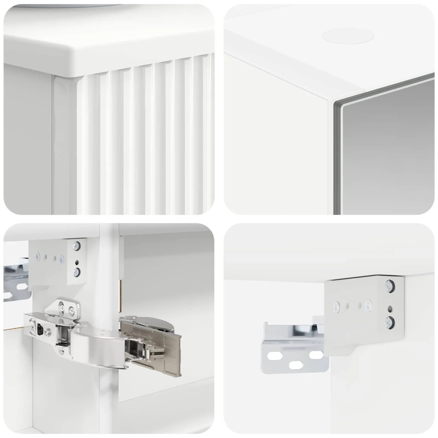 Weiße Badmöbel-Set Details: gerippte Oberfläche, Spiegelschrank, Scharniere, Wandhalterung aus Ingenieurholz.
