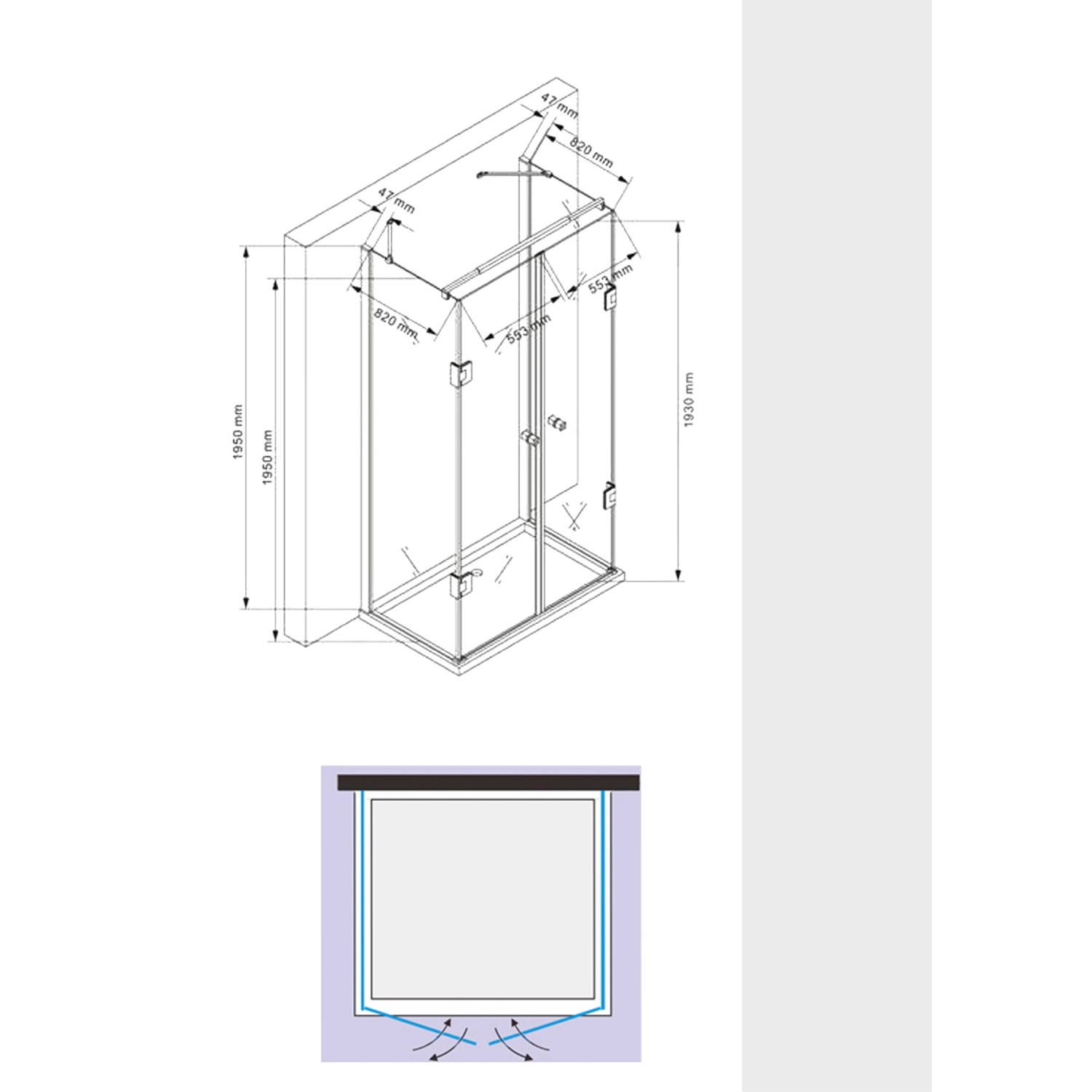 Technische Zeichnung: Glaszentrum Hagen U-Duschkabine Ares Gold, 90x120x90x195cm, mit Duschtasse.