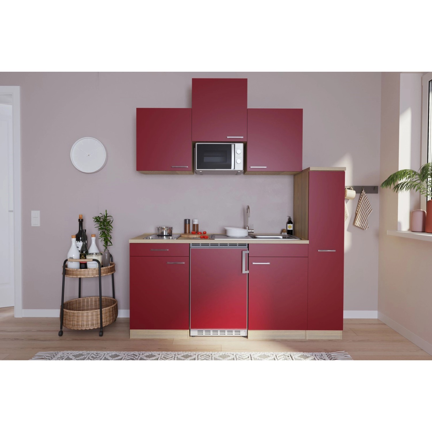 Respekta Küchenzeile/Küchenblock KB180ESRMIC 180 cm Rot-Eiche Sägeräu Nachbildung