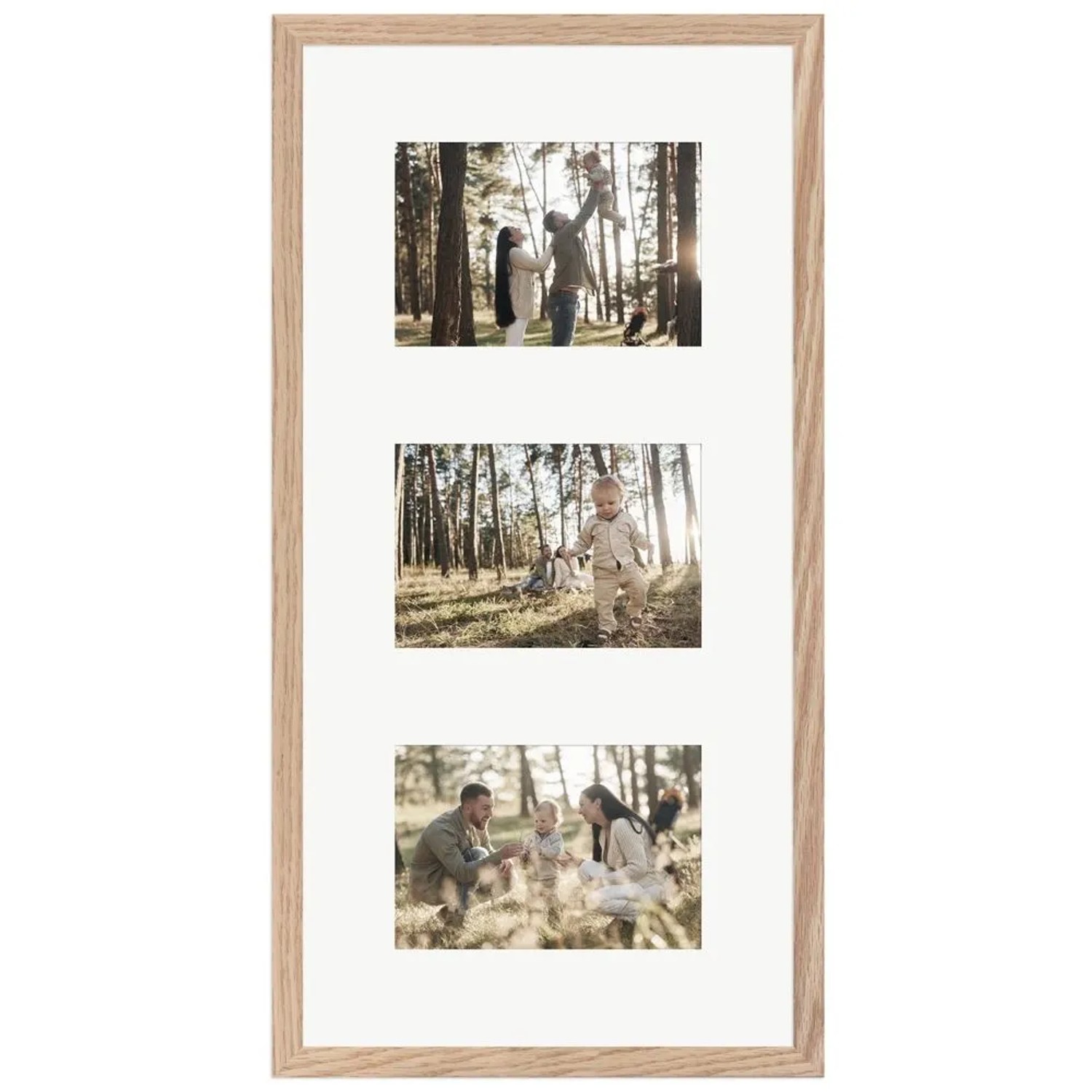 Galerierahmen in Eiche-Optik für 3 Fotos (10x15 cm). Holzrahmen für Wandmontage, ideal für Familienfotos.