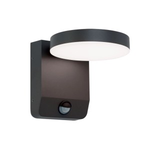 Anthrazitfarbene LED Außen Wandleuchte mit schwenkbarem Kopf und Bewegungssensor. Warmweißes Licht für den Außenbereich.
