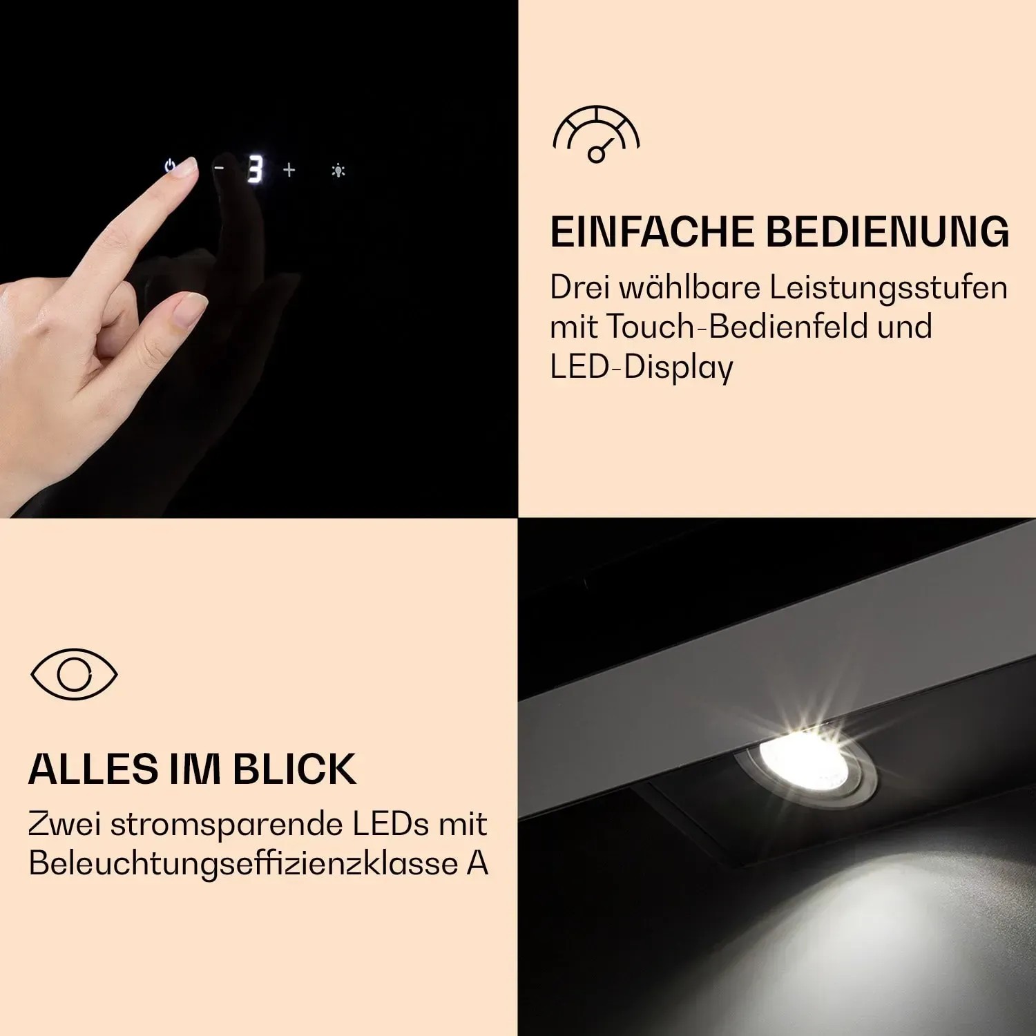 Klarstein Aurora Eco 90 Dunstabzugshaube: Detailaufnahme Touch-Bedienfeld und LED-Kochfeldbeleuchtung.