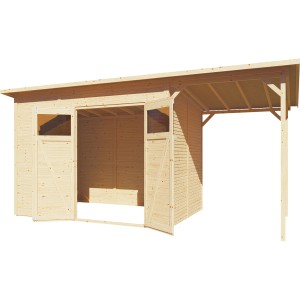 Bertilo Gerätehaus Pent Modern 3 Plus aus Holz mit Doppeltür und Anbau.