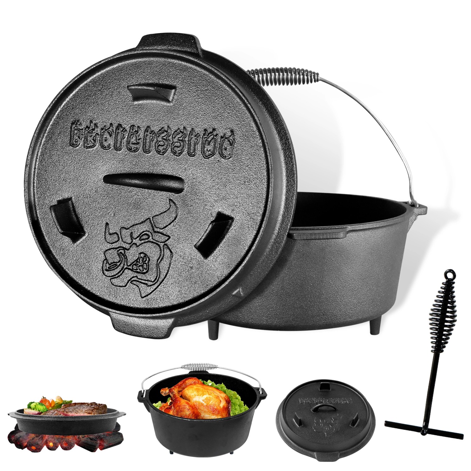 CCLIFE Dutch Oven Set 4,2L Gusseisen Grilltopf mit Feuertopf Mit Beine günstig online kaufen