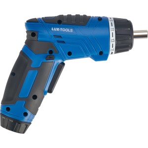 Blauer LUX Akkuschrauber 3,6 V mit Bit-Aufsatz. Kompakter Schrauber für Heimwerker.
