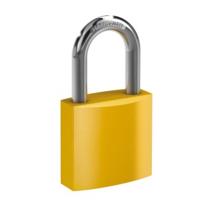 Gelbes Basi Vorhangschloss mit Stahlbügel, gravurfähig, ideal für Taschen und Spinde.