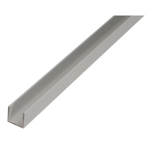 Silbernes U-Profil aus Aluminium, 10x22x2000 mm, für Stützen und Schutz von Konstruktionen.