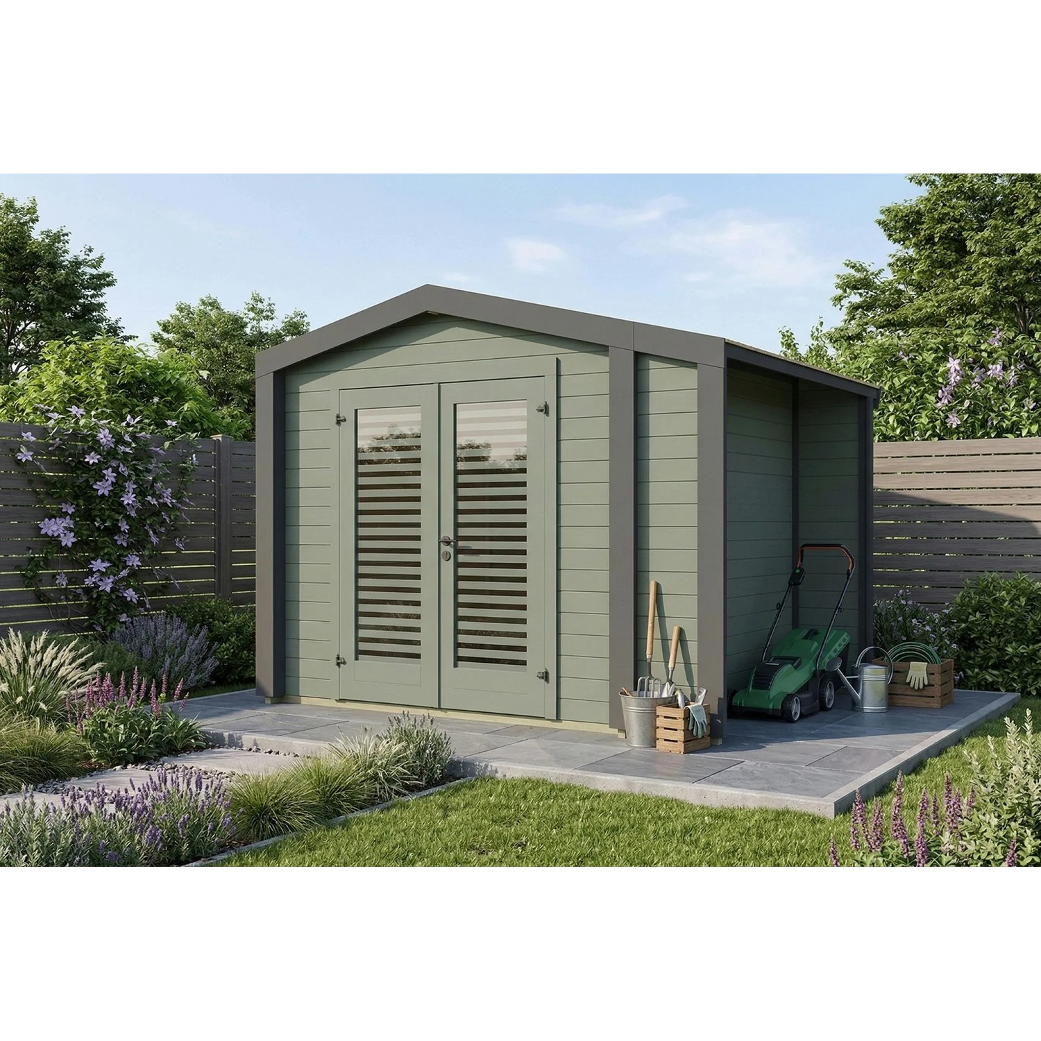 Weka Holz-Gartenhaus Killarney Satteldach Grau-Grün Lasiert 311 cm x 263 cm