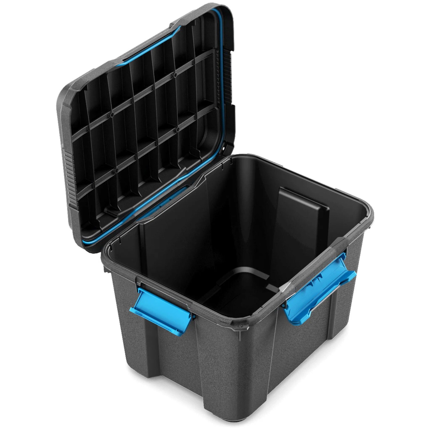 Schwarze Aufbewahrungsbox Scuba M mit blauem Silikonring im Deckel, geöffnet.