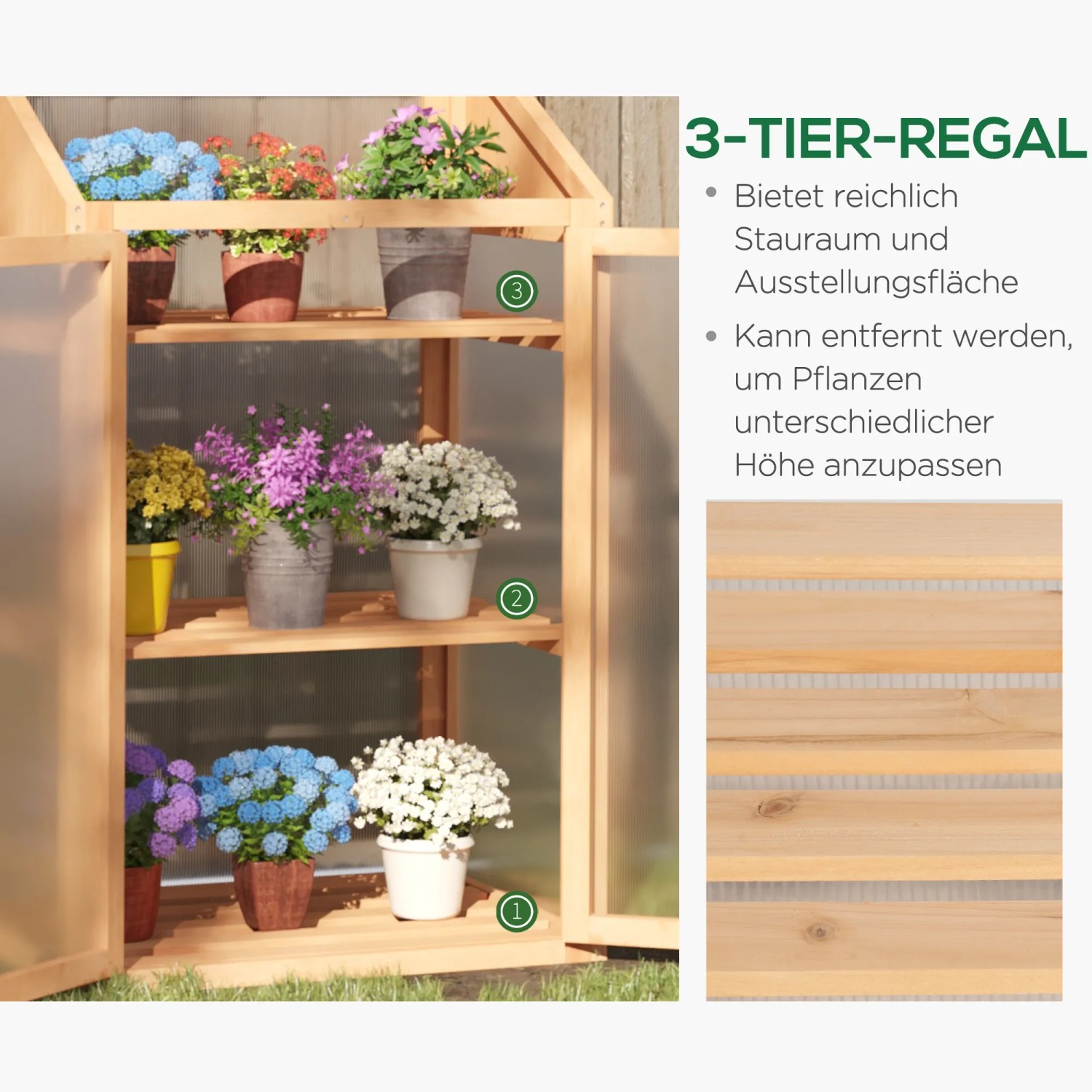 Outsunny Gewächshaus aus Tannenholz mit drei Regalen und verschiedenen Pflanzen in Töpfen.