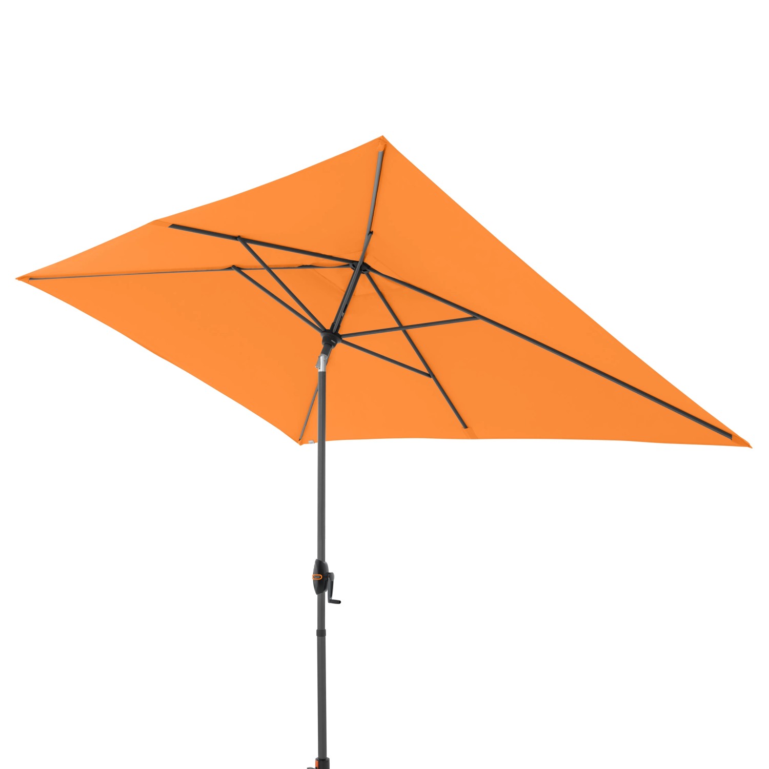 Orangefarbener Doppler Mittelmastschirm myZone Auto Tilt, 300x200 cm, mit Kurbel und Auto-Tilt Funktion.