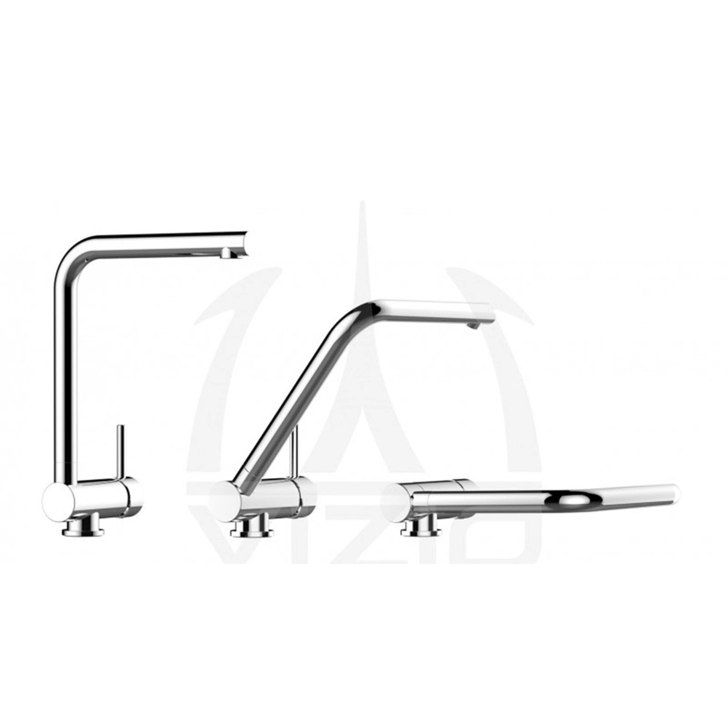 VIZIO Küchenarmatur für Vorfenster-Montage, verchromt, mit schwenkbarem L-Auslauf in verschiedenen Positionen.