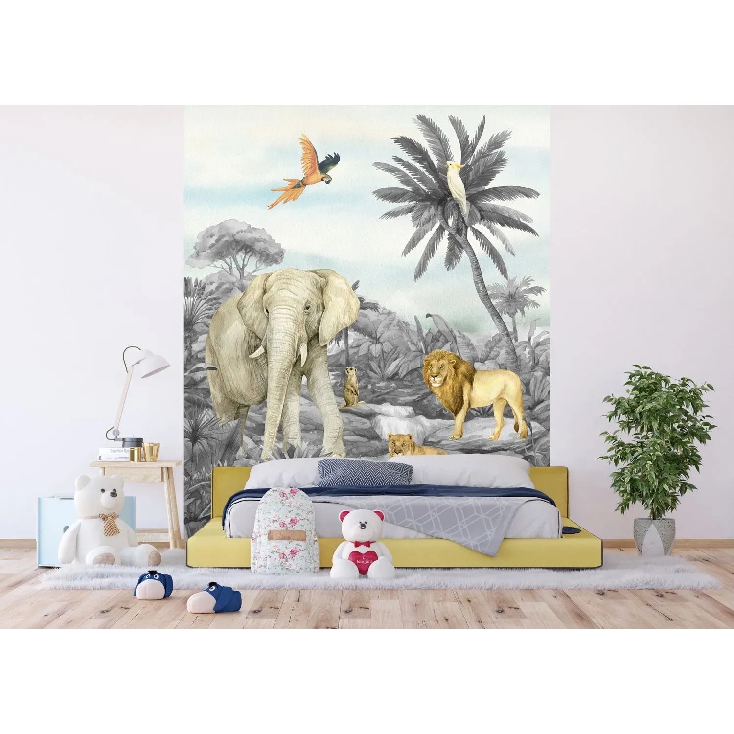 Sanders & Sanders Fototapete Dschungeltiere Grau 2,25x2,7m im Kinderzimmer.