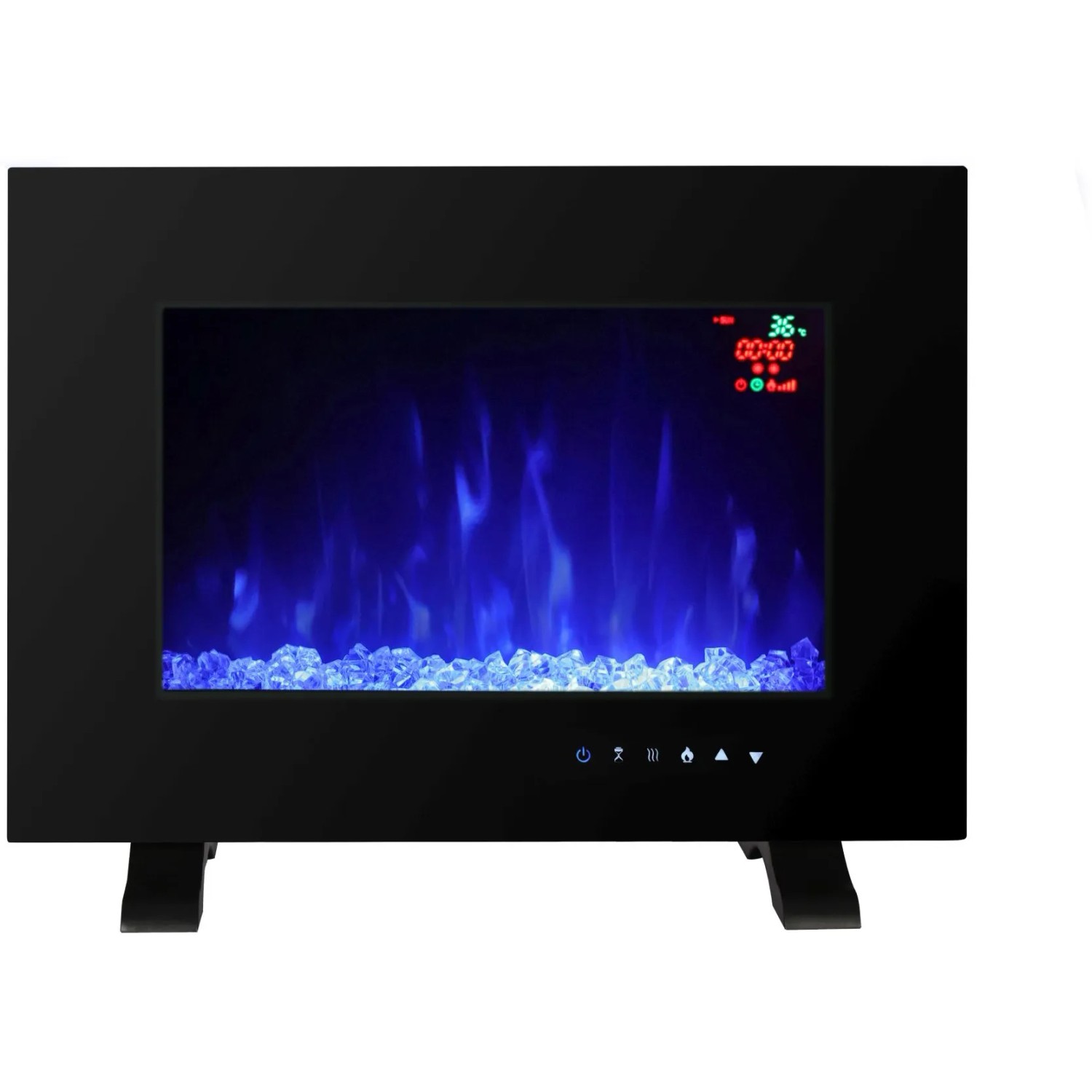 Schwarzer El Fuego Elektrokamin Aarau II mit LED-Flammeneffekt und LCD-Anzeige.