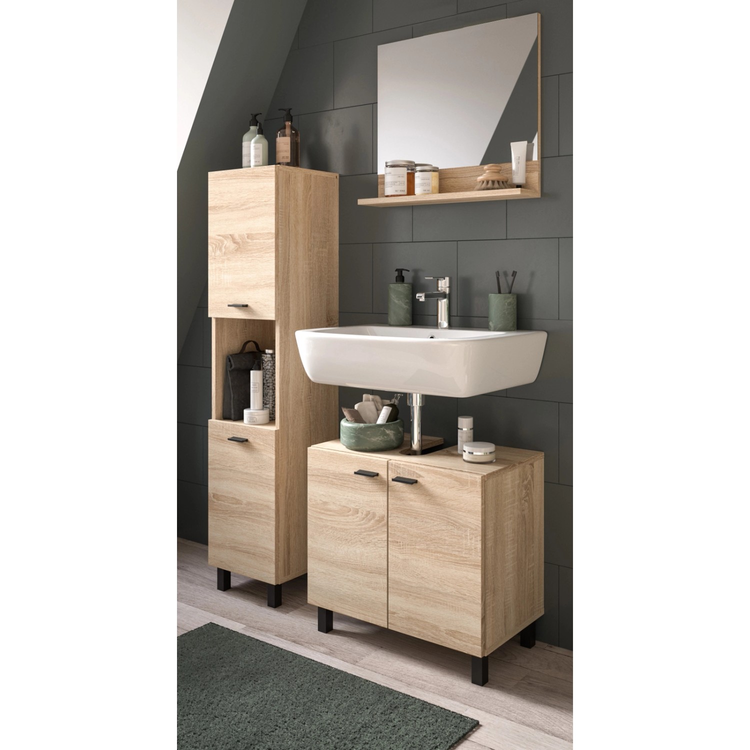 Inn.Furn Badmöbel-Set 3-teilig Eiche Hängend oder Stehend 100 cm Lowell günstig online kaufen