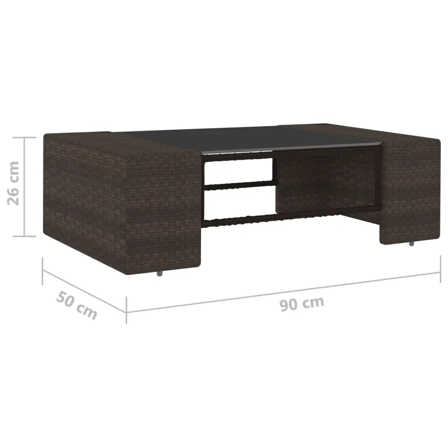 Brauner vidaXL Garten-Loungetisch aus Rattan mit Glasplatte, Maße 90x50x26 cm.