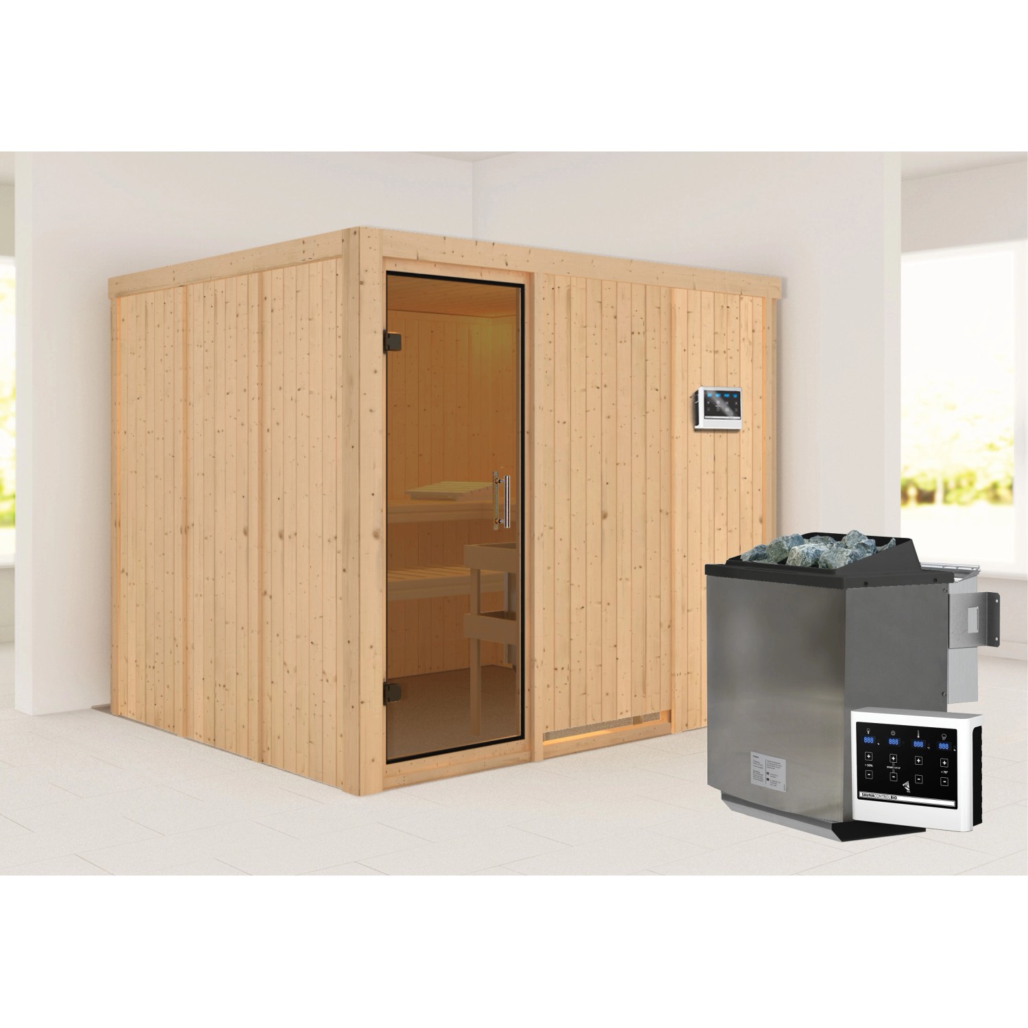 Karibu Sauna Gunda mit Bio-Ofen externe Stg.Natur