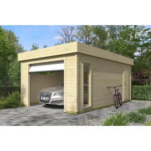 Lasita Garage Bahamas 2 mit Sektionaltor, naturbelassen, mit Auto, Fenster und Tür.