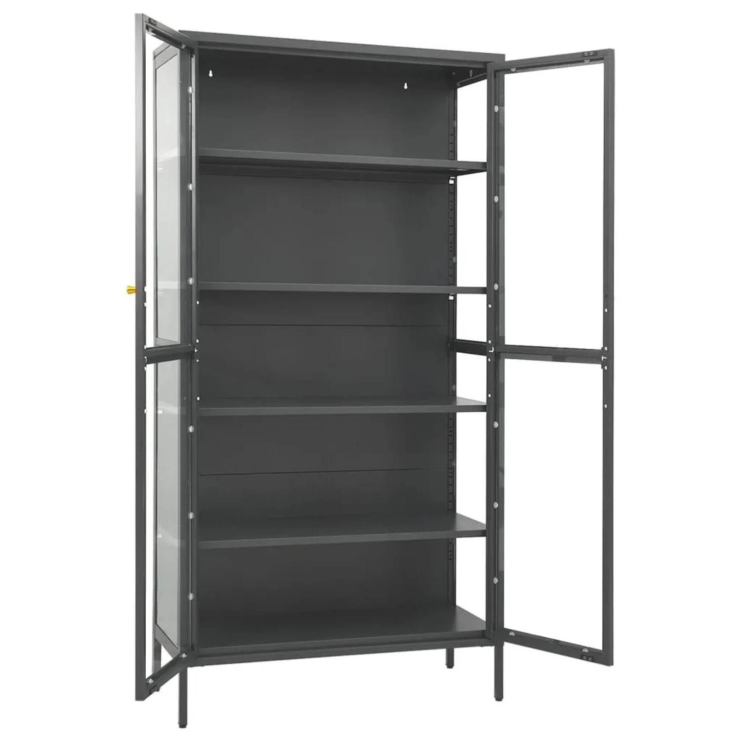 Offene, anthrazitfarbene vidaXL Vitrine (90x40x180 cm) aus Stahl und Glas mit vier Regalböden.