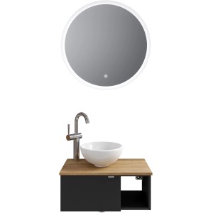 Pelipal Badmöbel-Set Serie 6915: Schwarz matter Unterschrank, Halifax Eiche Platte, Aufsatzbecken, runder Spiegel mit LED.