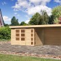 Unbehandeltes Karibu Holz-Gartenhaus Sölve mit Flachdach und Anbau im Garten.