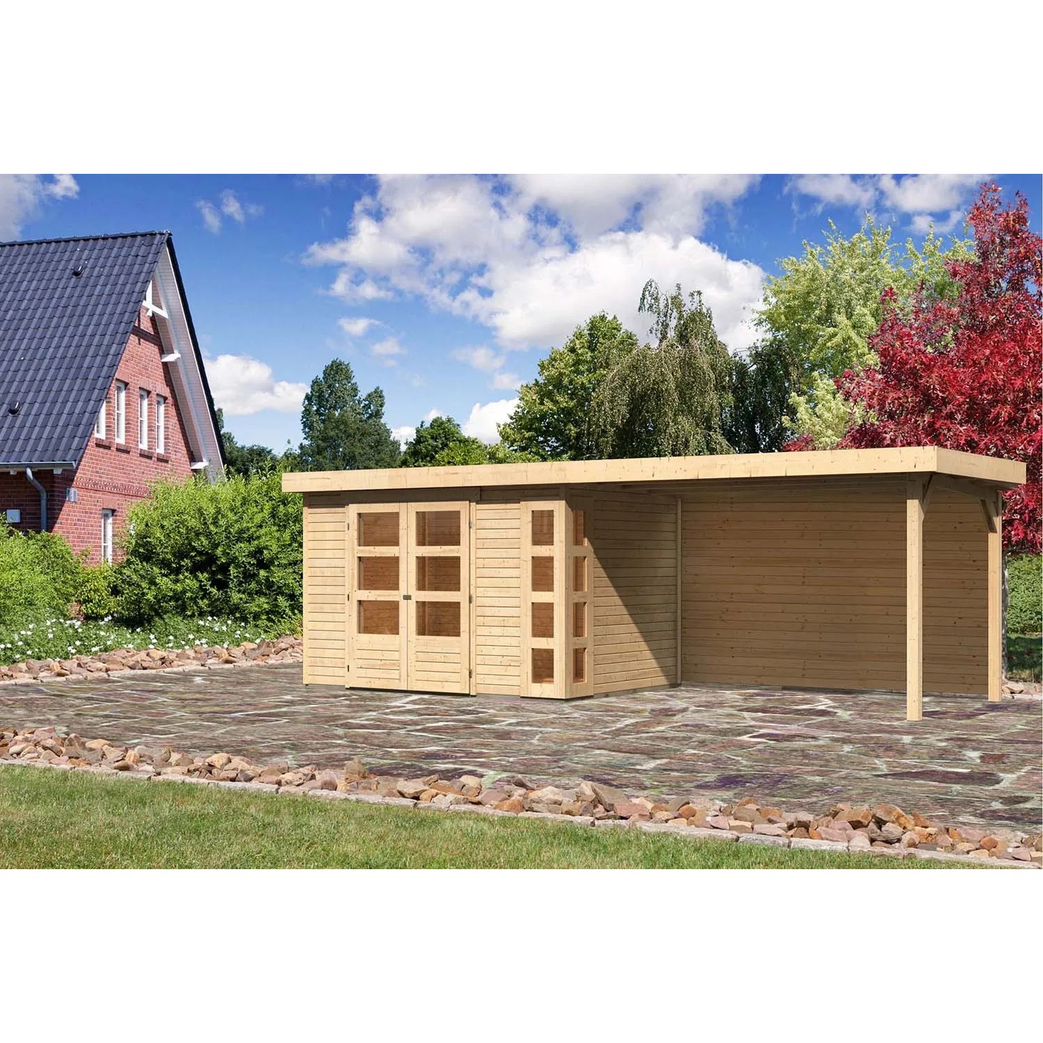 Karibu Holz-Gartenhaus/Gerätehaus Sölve Natur Flachdach Unbehandelt 298 cm x 213 cm