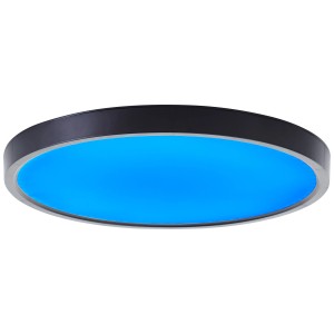 LED-Deckenleuchte Lotti RGB, Ø 30cm, schwarz/weiß mit blauem Licht.