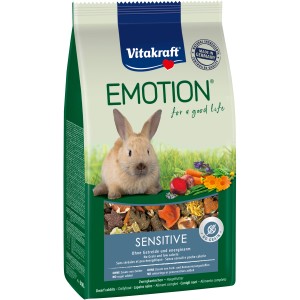 Vitakraft Emotion Sensitive Kaninchenfutter, getreidefrei, 600g Packung mit Kaninchenabbildung.