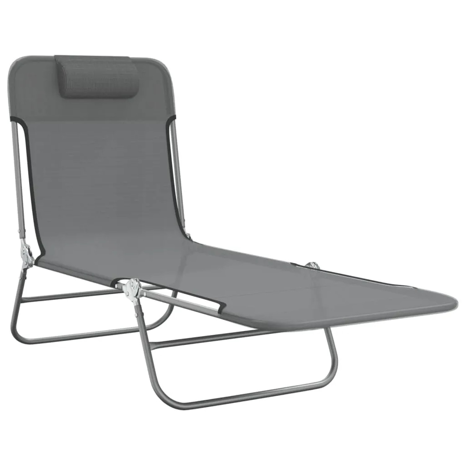 Graue, klappbare Sonnenliege aus Textilene und Stahl, ideal für Garten und Outdoor.