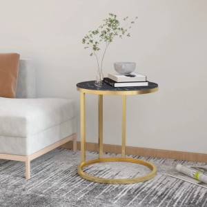 Runder vidaXL Beistelltisch mit goldenem Gestell und schwarzer Marmor-Optik Hartglasplatte. Modernes Wohnzimmer.