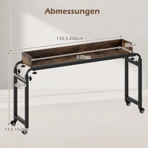 Costway Überbetttisch mit Rollen mit Verstellbarer Höhe & Länge Braun